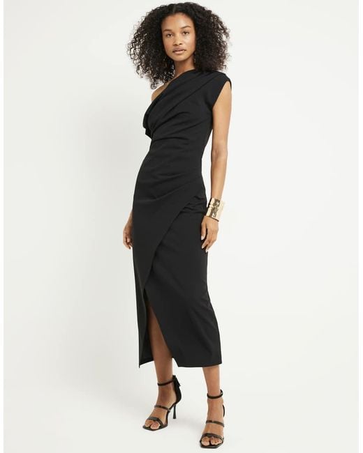 River Island Black Drape Off Shoulder Bodycon Midi Dress