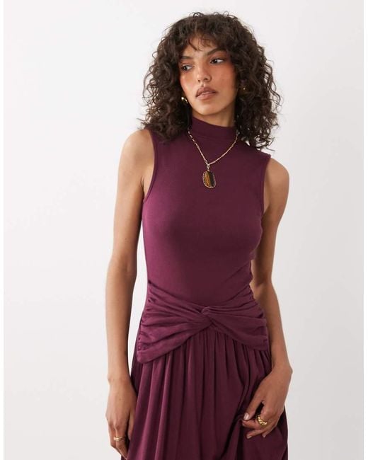ASOS Purple Funnel Neck Maxi Dress With Twist Waist Detail