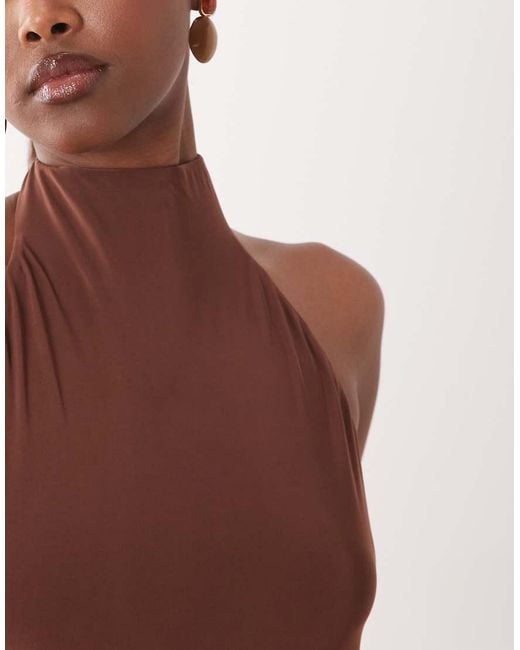 ASOS Brown Slinky Hanky Hem Dress With High Neck Cowl Detail