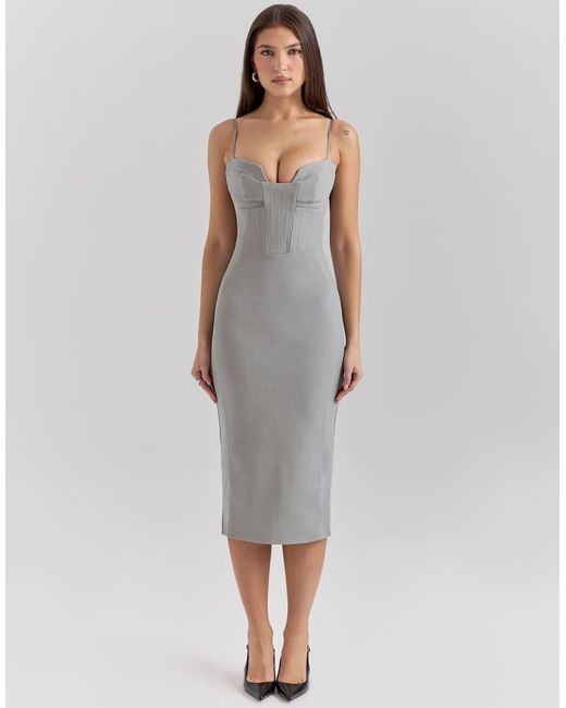 House Of Cb Gray Kiki Mesh Panelled Bodycon Midi Dress