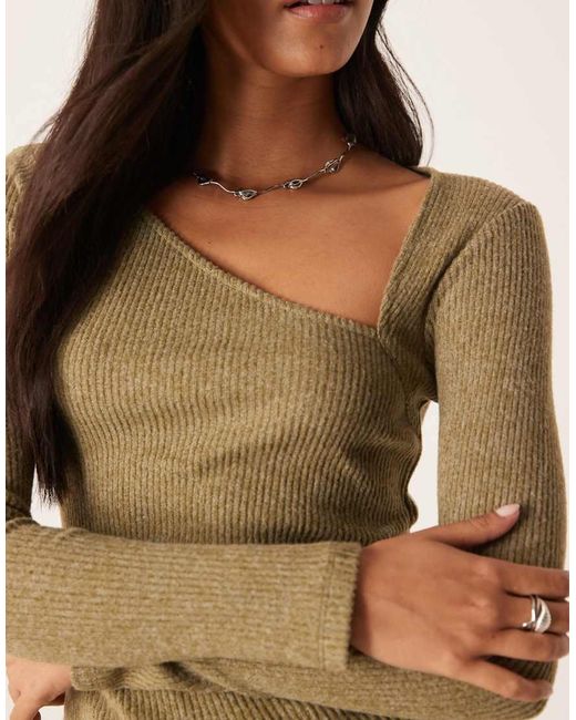 ASOS Natural Supersoft Asymmetric Neck Waist Detail Long Sleeve Top