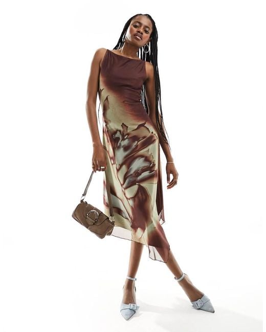 Motel Brown Warped Floral Asymmetric Mesh Midi Dress
