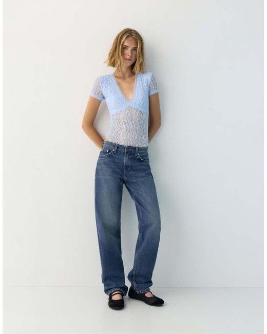 Pull&Bear Blue Short Sleeve Lace Bodysuit