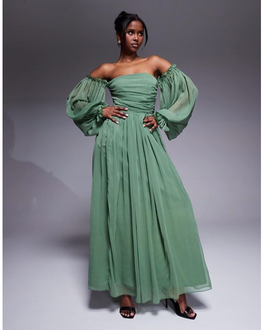 chinese dress ladies V Neck Mesh Balloon Sleeve Maxi Dress for Women Ankle Length – Anna-Kaci main image 1