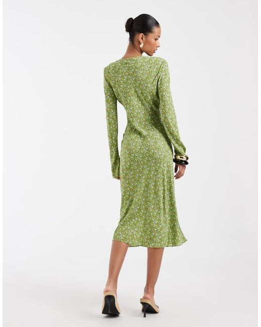& Other Stories Green Vee Neck Bias Cut Dress With Fluted Sleeves
