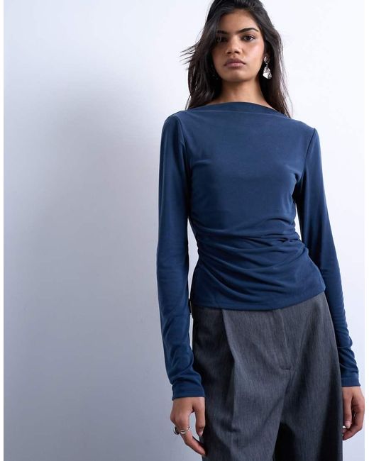Top De Manga Larga Con Espalda Desbocada De Cupro De TOPSHOP de color Blue