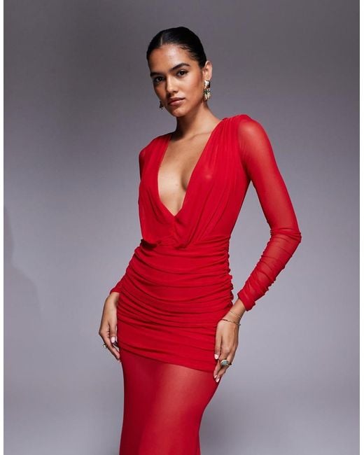ASOS Red Mesh Long Sleeve Deep Plunge Sheer Maxi Dress With Shoulder Pad Detail