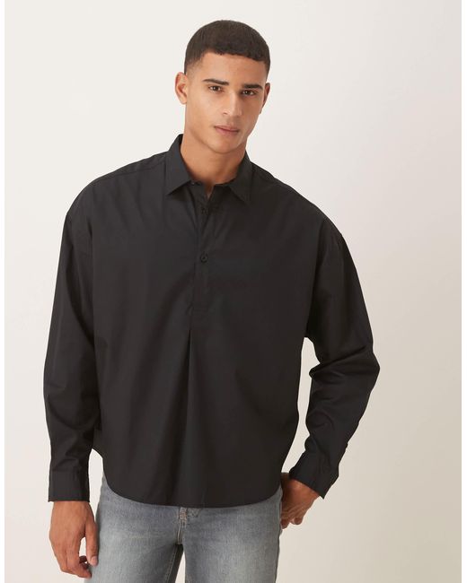 ASOS Black Oversized Overhead Poplin Shirt With Scoop Hem for men