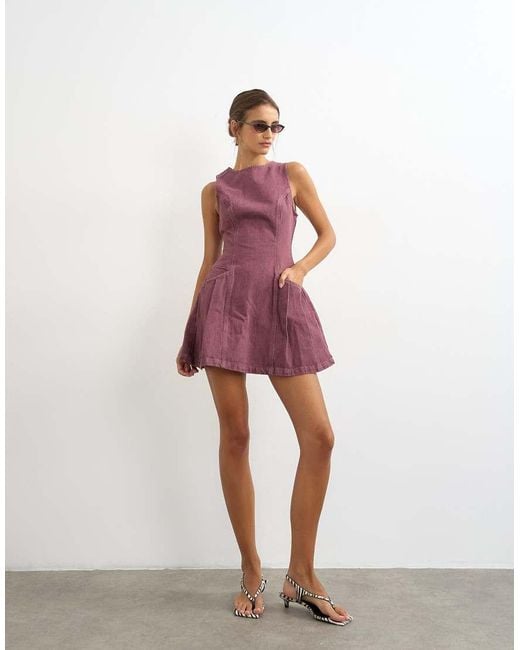 TOPSHOP Red Denim Pleated Pinny Dress