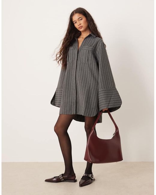 ASOS Gray Mini Shirt Dress With Wide Cuffs And Oversized Pockets