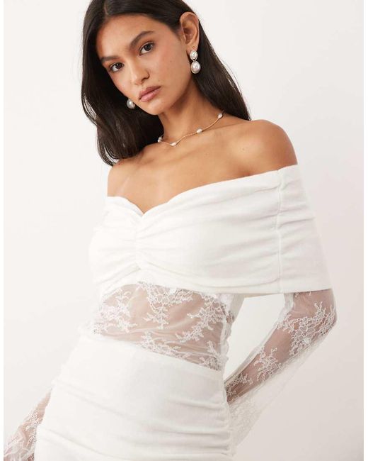 JW PEI White Bridal Knitted Drape Off Shoulder Lace Insert Mini Dress