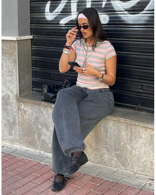 Bershka Blue Short Sleeve Striped Polo Shirt