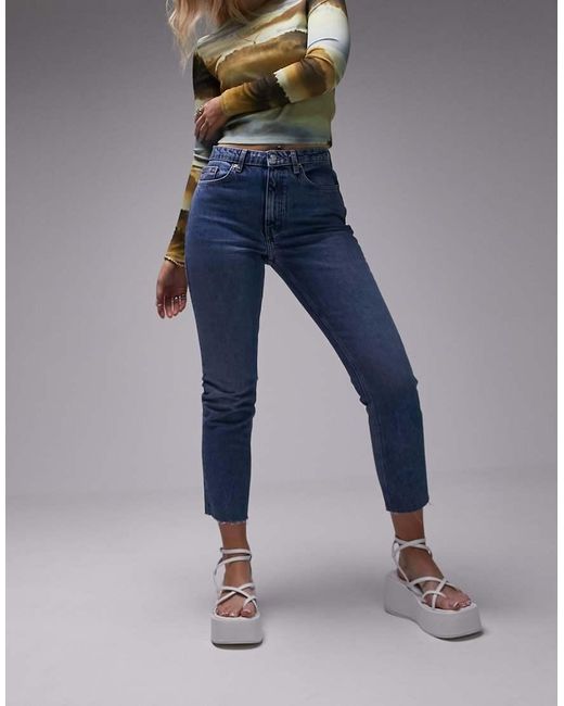 Topshop Hourglass Blue Mid Rise Straight Cropped Jeans With Raw Hems