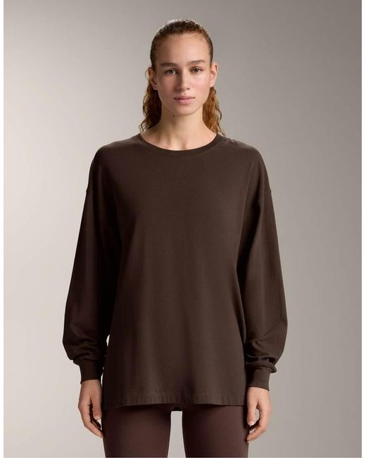 Oysho Brown Oversize Cotton Blend Long-Sleeve T-Shirt