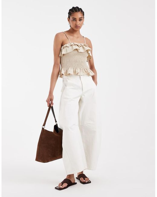 ASOS Natural Co Ord Shirred Frill Linen Blend Cami Top
