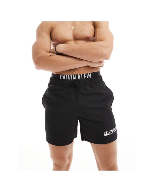 Calvin Klein Black Intense Power Double Waistband Swim Shorts for men