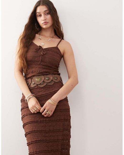 Miss Selfridge Brown Lace And Ruffle Detail Midi Dress