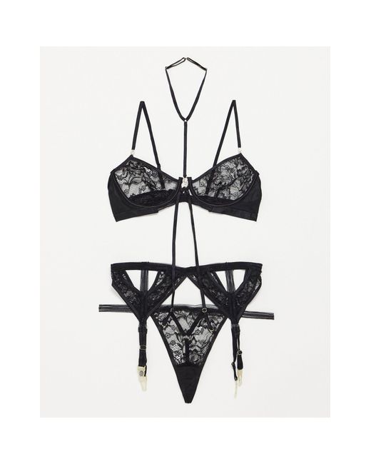 Ann Summers Black Uptown Girl 3 Piece Lace V Wire Bra Thong And Suspender Belt Set
