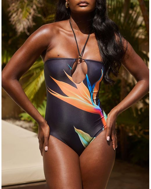 Maillot 1 pièce à motif strelitzia avec découpe et détail anneau South Beach en coloris Green