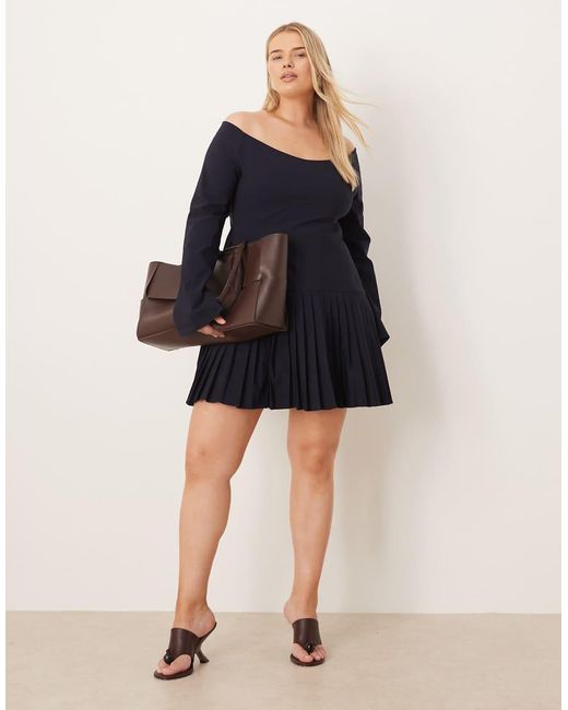 ASOS Blue Asos Design Curve Long Sleeve Pleated Skirt Mini Dress