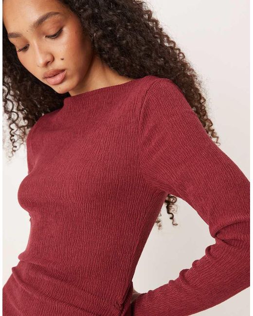 ASOS Red Slash Neck Long Sleeve Ruched Midi Dress