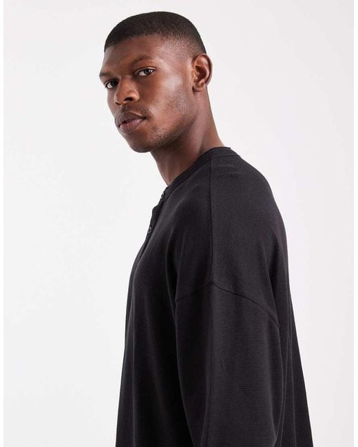 Jack & Jones Blue Oversized Waffle Long Sleeve Henley Neck T-shirt for men