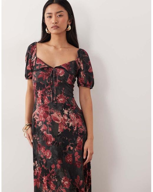 ASOS Multicolor Scalloped Collar Puff Sleeve Seam Detail Midi Tea Dress