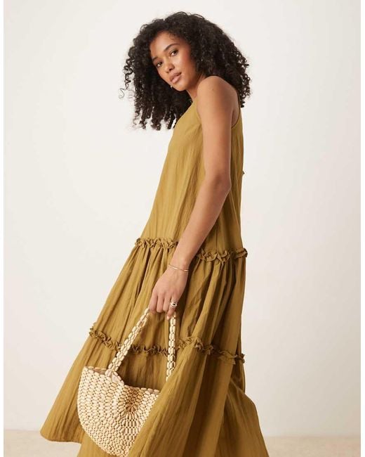 Ghospell Natural Tiered Ruffle Midaxi Dress