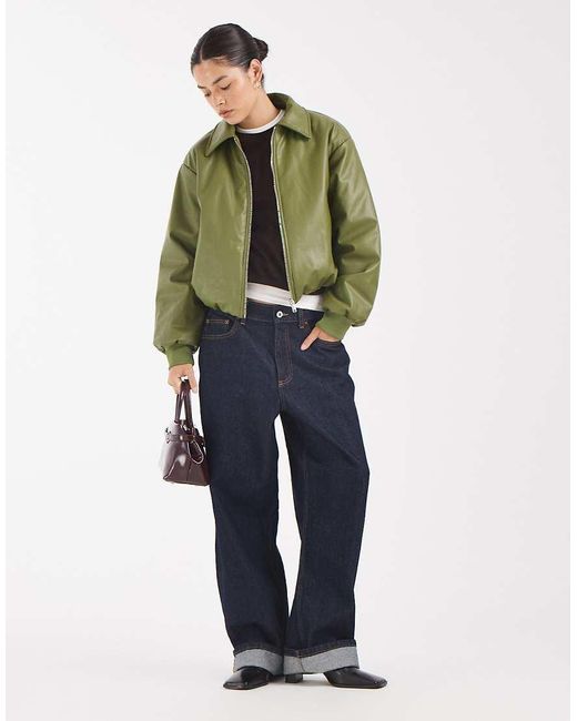 Pieces Green Faux Leather Padded Bomber Jacket