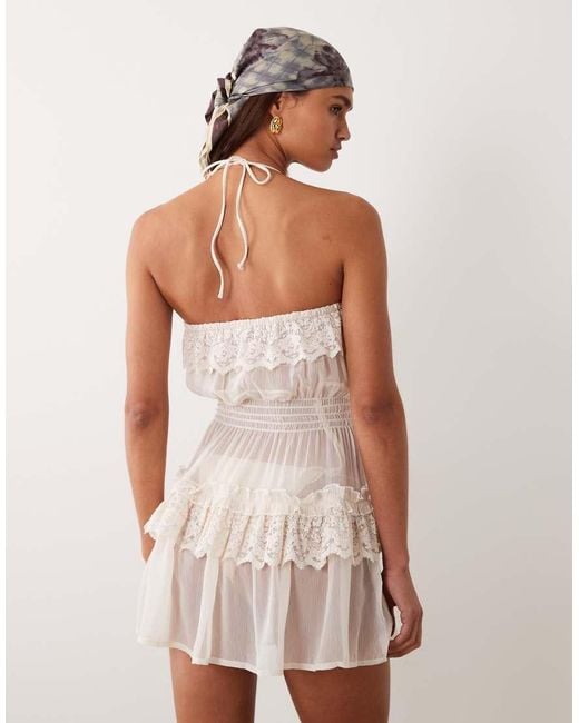Miss Selfridge Natural Beach Lace Shirred Bandeau Mini Dress