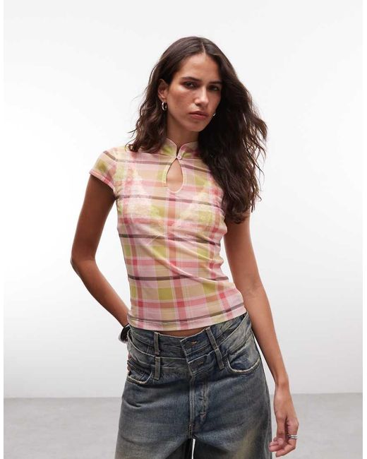 Reclaimed Vintage Multicolor Mesh Mandarin Collar Top