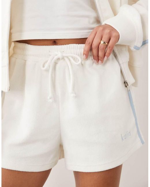 Kaiia White Cotton Rich Embroidered Logo Side Stripe Towelling Shorts Co-ord