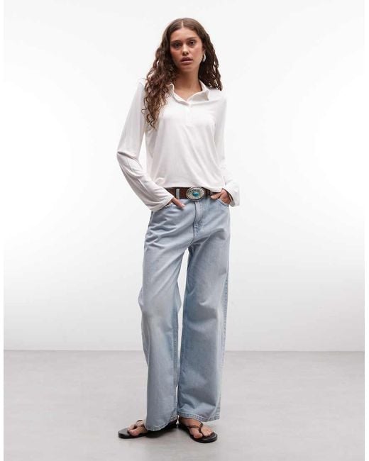 Monki White Long Sleeve Polo Top
