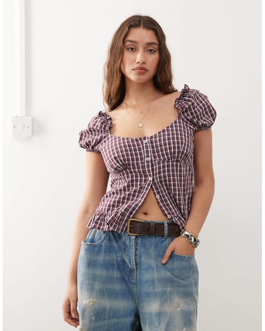 Reclaimed (vintage) Multicolor Western Prairie Top With Puff Sleeve And Button Down