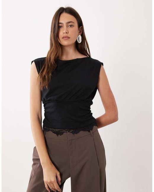 Mango Black Sleeveless Lace Trim T-Shirt