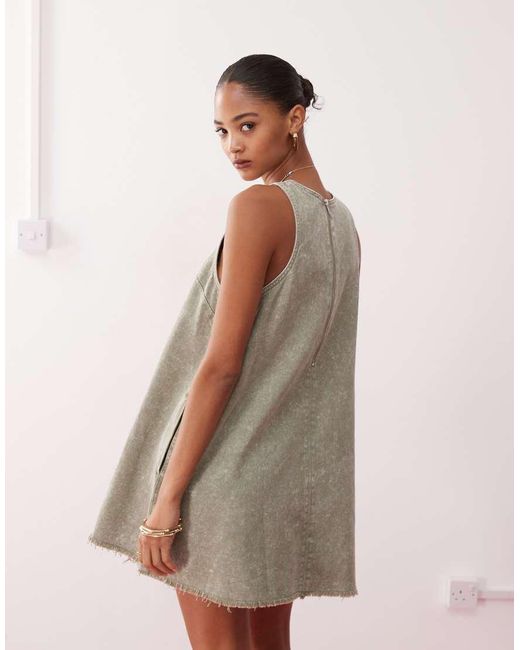 Monki Green Sleeveless A Line Mini Dress With Frayed Edge