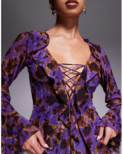 AFRM Purple Knitted Lace Up Bell Sleeve Top Co-ord