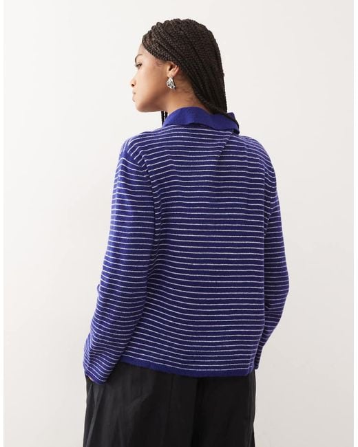 Lioness Blue Mayfair Knitted Collar Detail Boxy Long Sleeve Polo Jumper