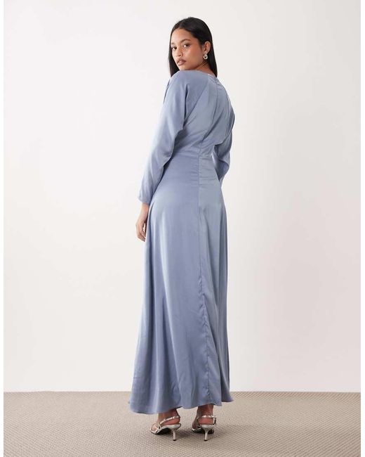 TFNC London Blue Bridesmaids Long Sleeve Satin Maxi Dress
