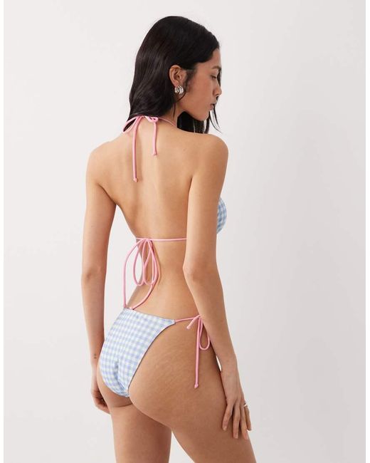 Brave Soul Blue Gingham Print Tie Side Bikini Bottoms With Flower Embroidery