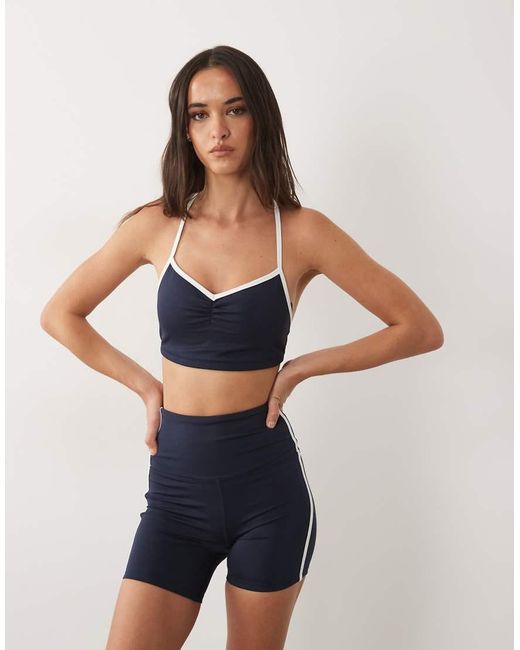 4505 Blue Active Ruched Front Sports Bra With Contrast Piping