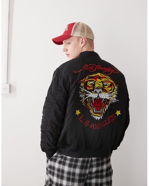 Ed Hardy Black La Tiger Roar Bomber Jacket for men
