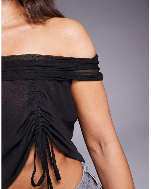 Top Fruncido Con Escote Bardot Y Detalle De Lazada De Malla De ASOS de color Black
