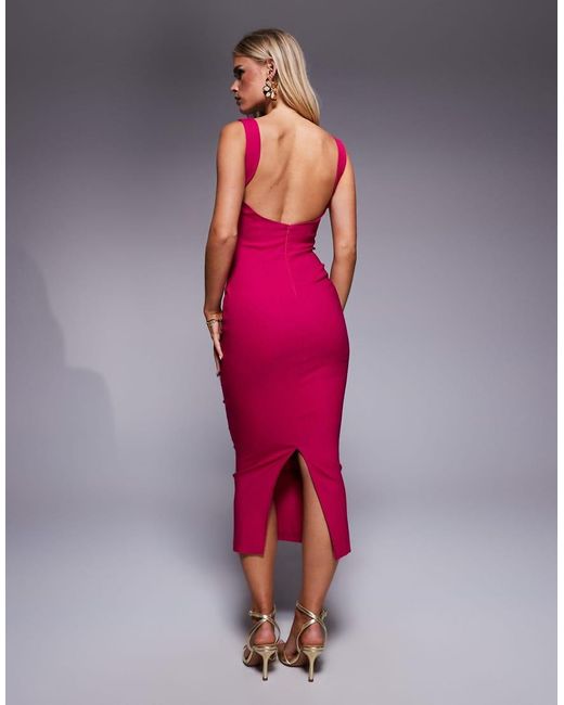 Vesper Petite Red Bengaline Square Neck Scoop Back Midaxi Dress
