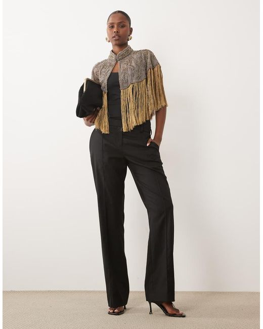 ASOS Brown Delicate Embellished Mesh Cape With Fabric Fringe