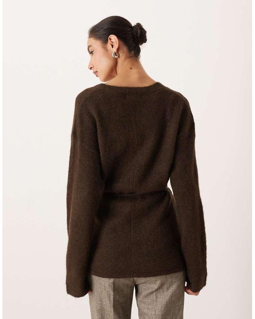 Gina Tricot Brown V Neck Mid Length Knitted Wool Alpaca Wrap Cardigan