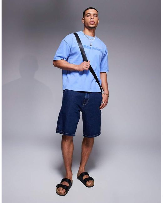 ASOS Blue Heavyweight Boxy Oversized T-shirt With Text Embroidery for men