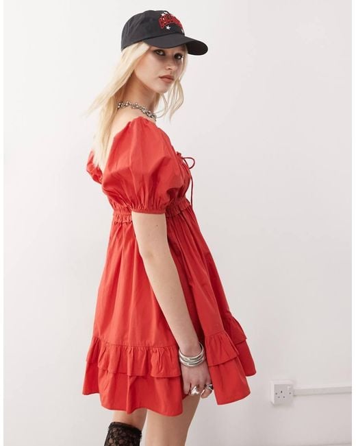 Collusion Red Puff Sleeve Milkmaid Mini Dress