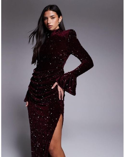 ASOS Red Velvet Sequin Maxi Dress With Drape Waist