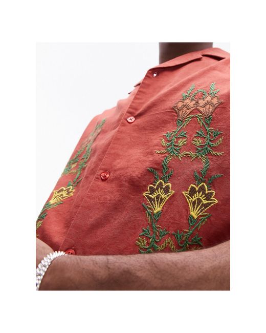 Camicia a maniche corte comoda color ruggine con ricami floreali di Topman in Red da Uomo